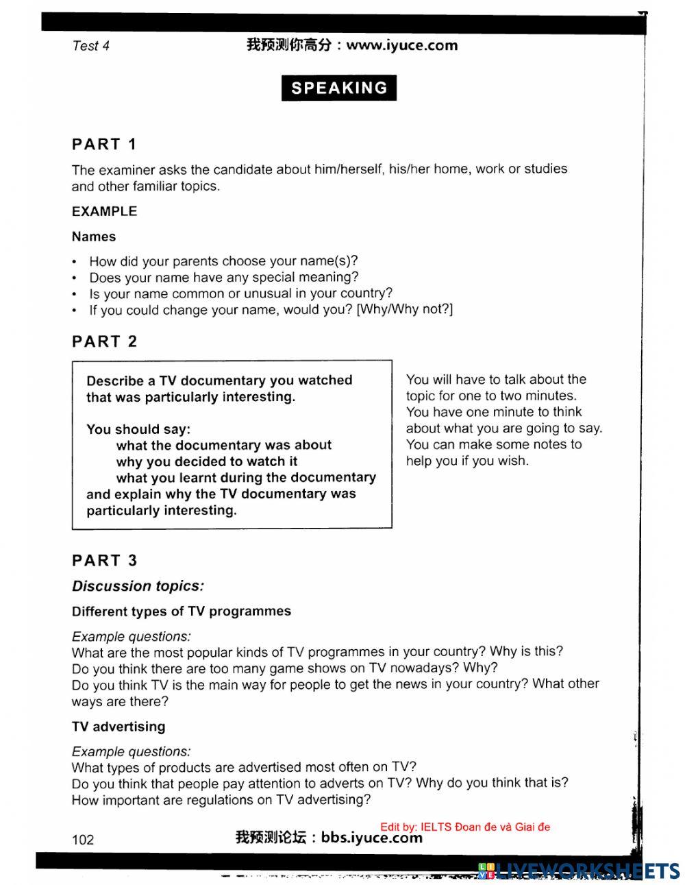 Ielts 11 - Test 4 - Speaking worksheet | Live Worksheets