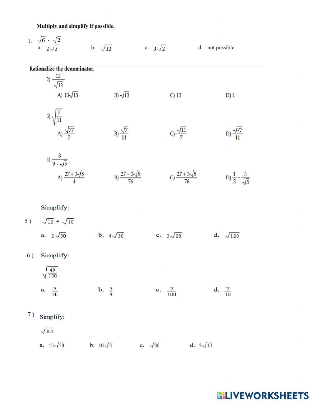 Simplificação de radicais interactive worksheet