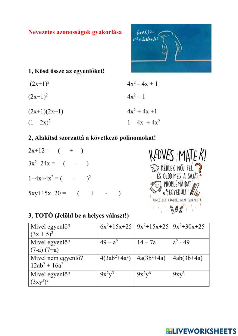 Algebrai kifejezések exercise | Live Worksheets