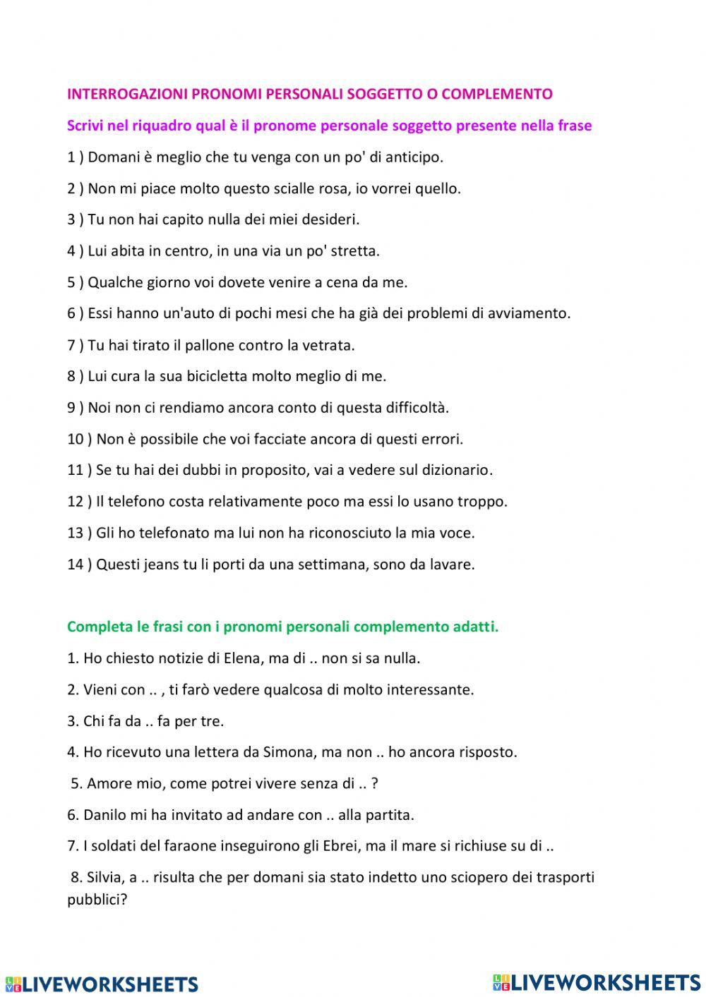 pronomi personali soggetto-complemento oggetto online exercise for | Live  Worksheets