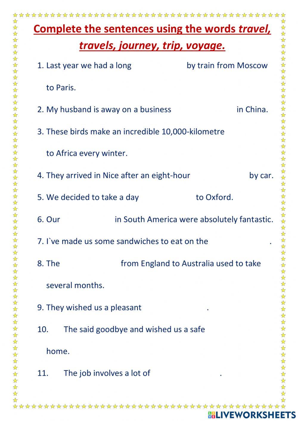 Using of travel, journey, trip, voyage online exercise for | Live Worksheets