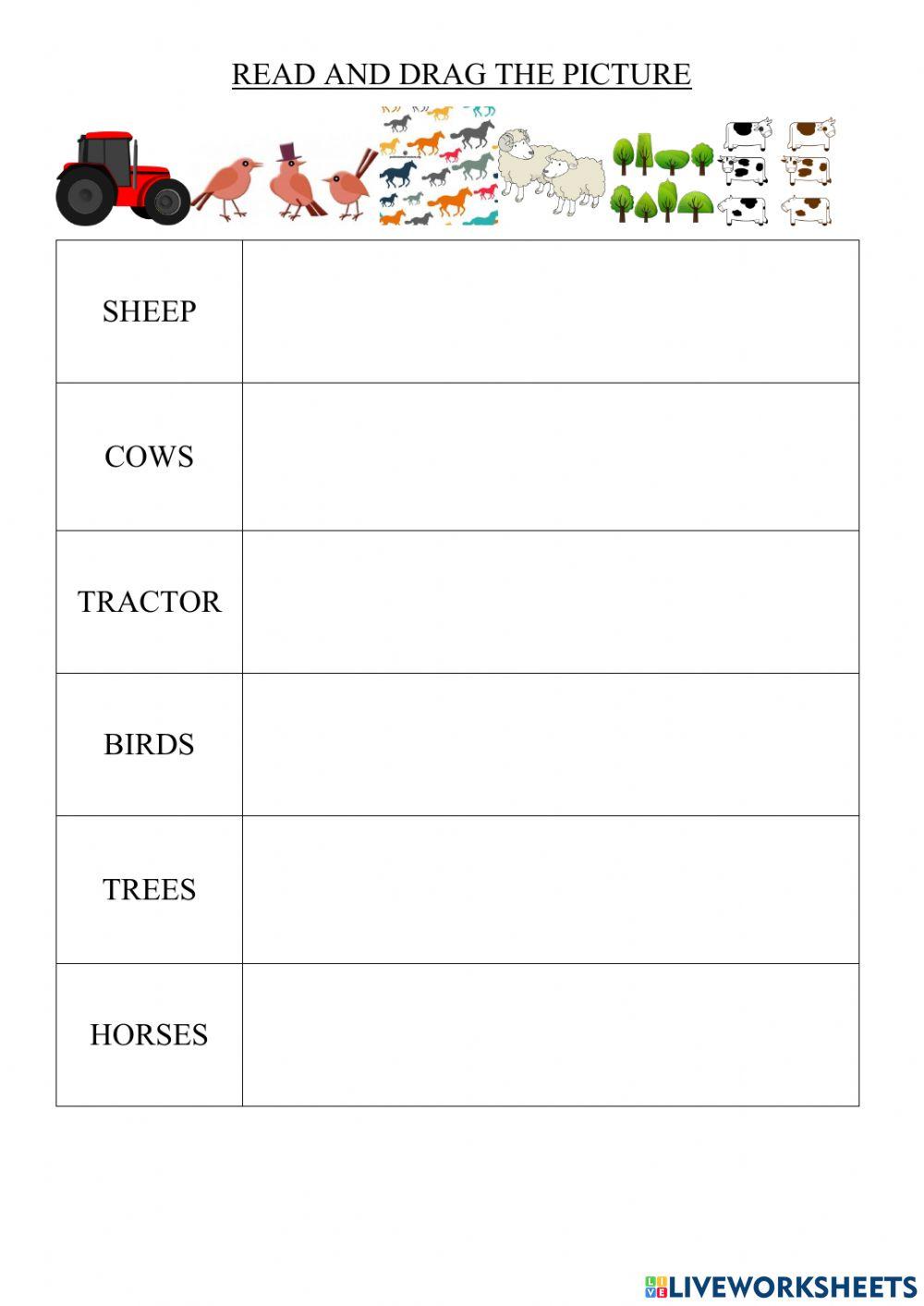 Farm vocabulary: read and drag