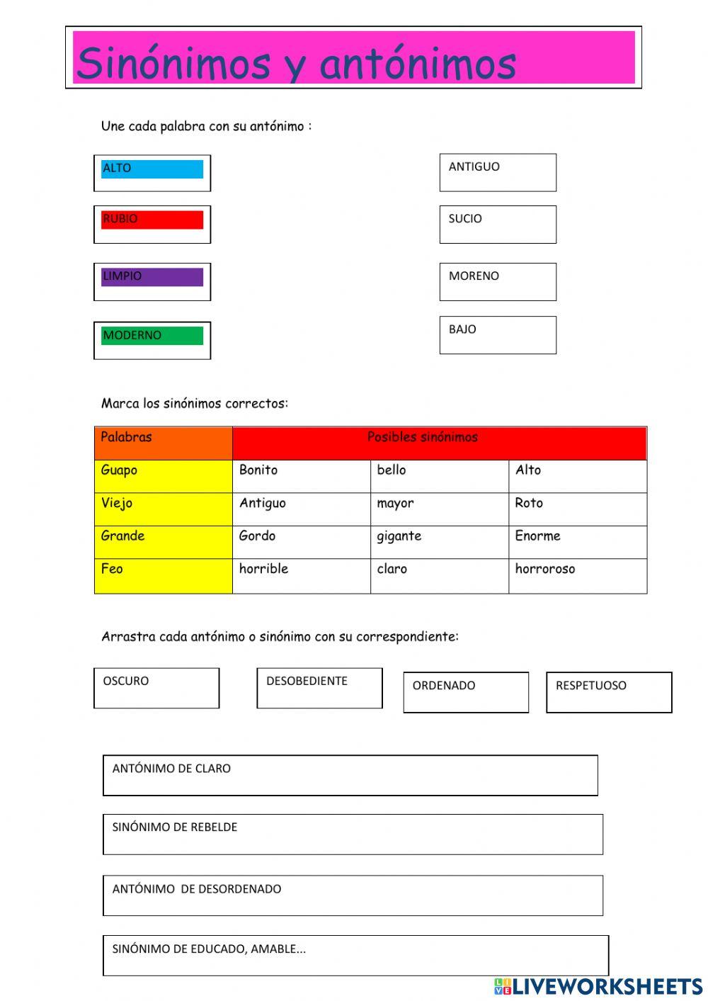 Antónimos y sinónimos interactive activity | Live Worksheets