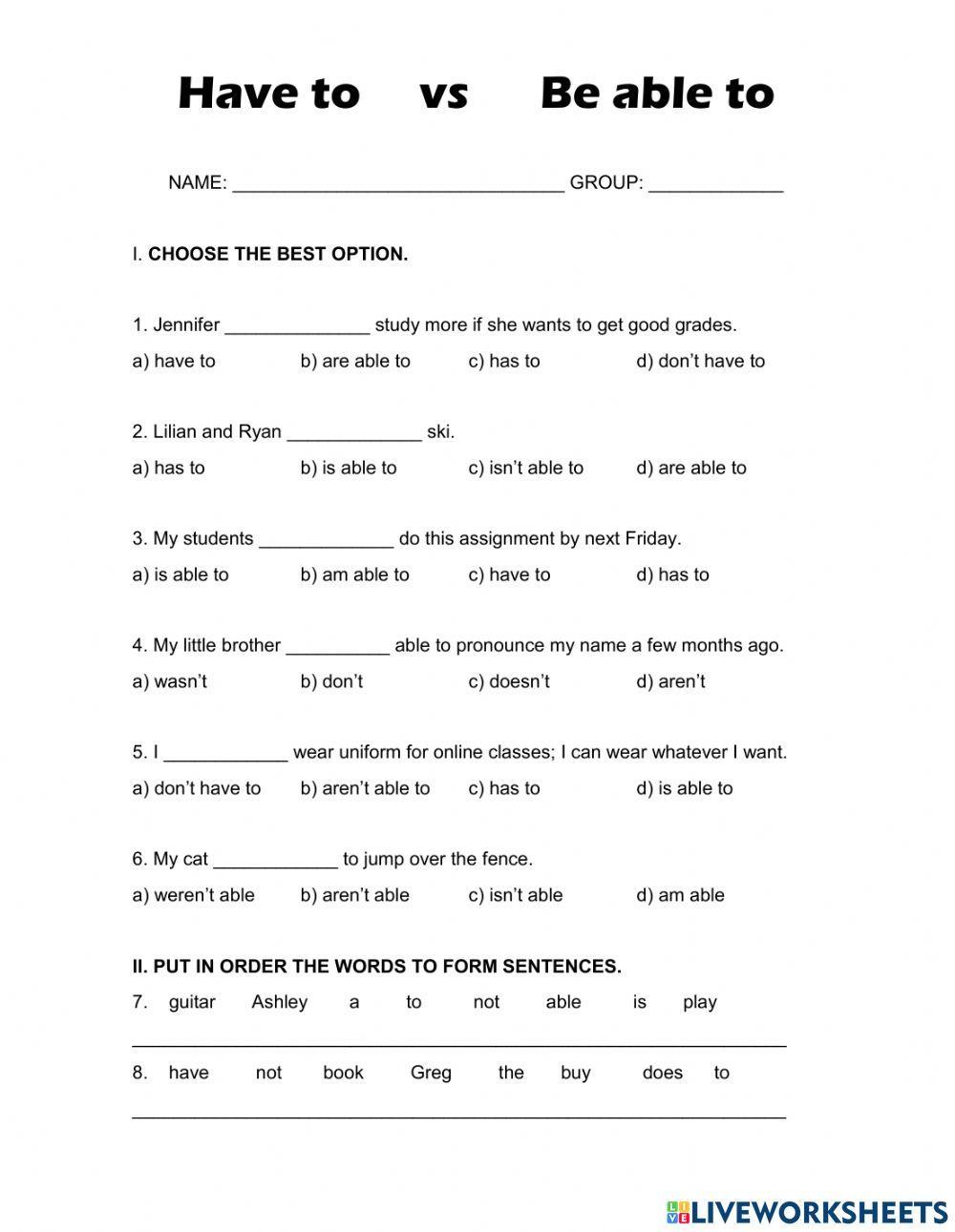 Have to - Be able to worksheet | Live Worksheets