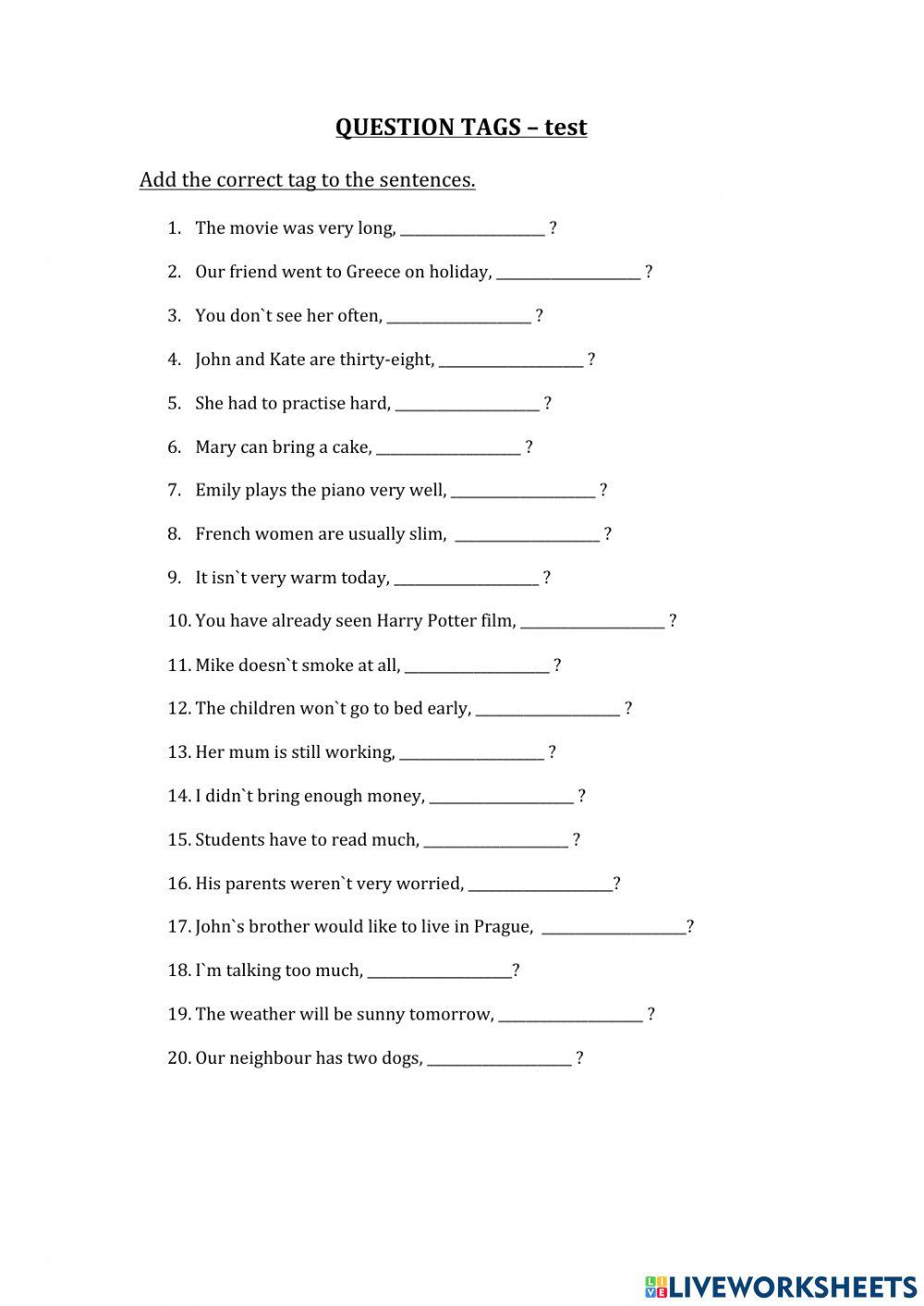 Question tags interactive exercise for Grade 8 | Live Worksheets