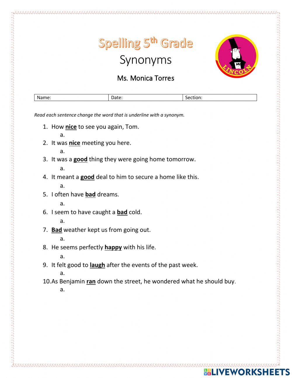 Synonyms: Other ways to say… worksheet | Live Worksheets