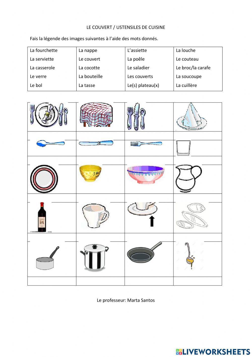 Couverts et ustensiles de cuisine worksheet | Live Worksheets