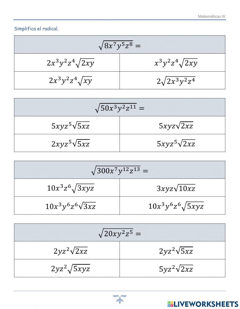 Simplificação de radicais interactive worksheet