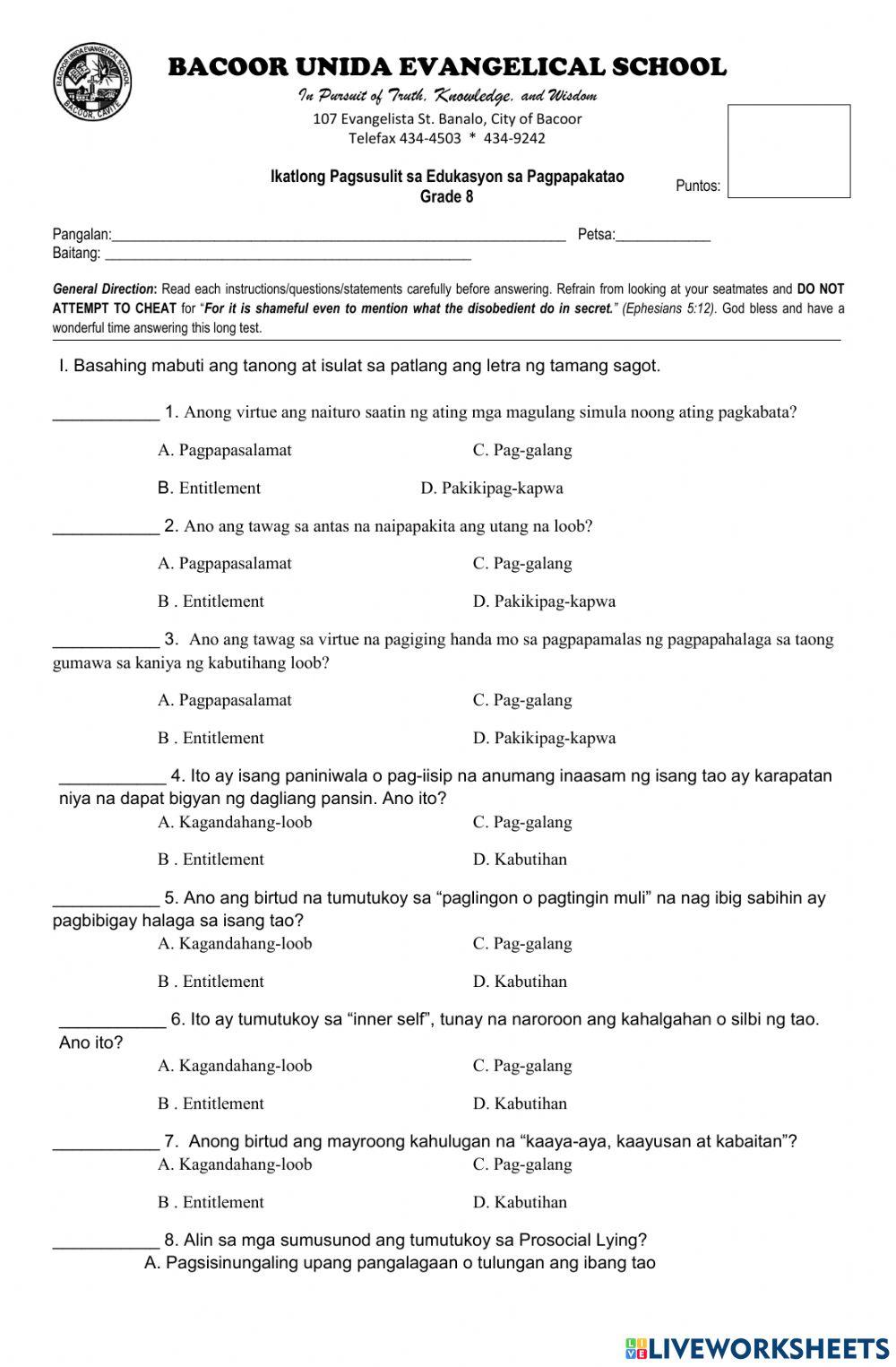 EsP 8 3rd Periodical Exam