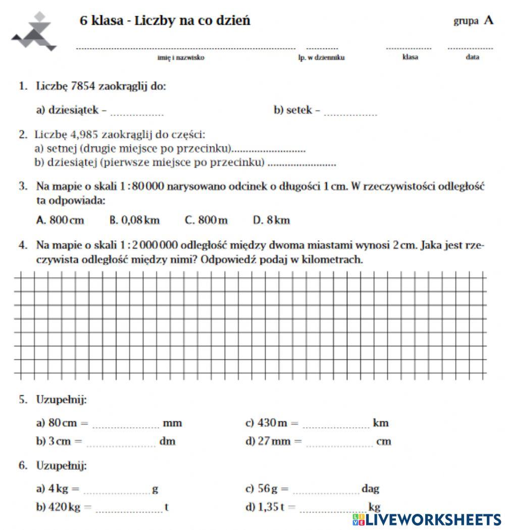 Sprawdzian - liczby na co dzień gr.D online exercise for | Live Worksheets
