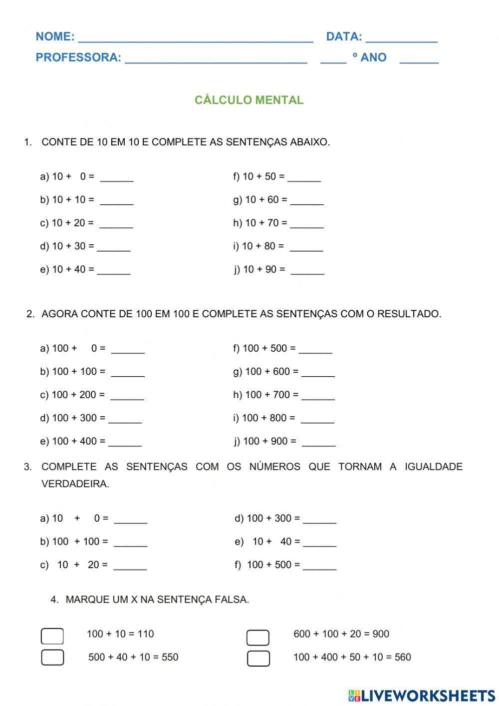 Cálculo Mental online exercise for 3º ano | Live Worksheets