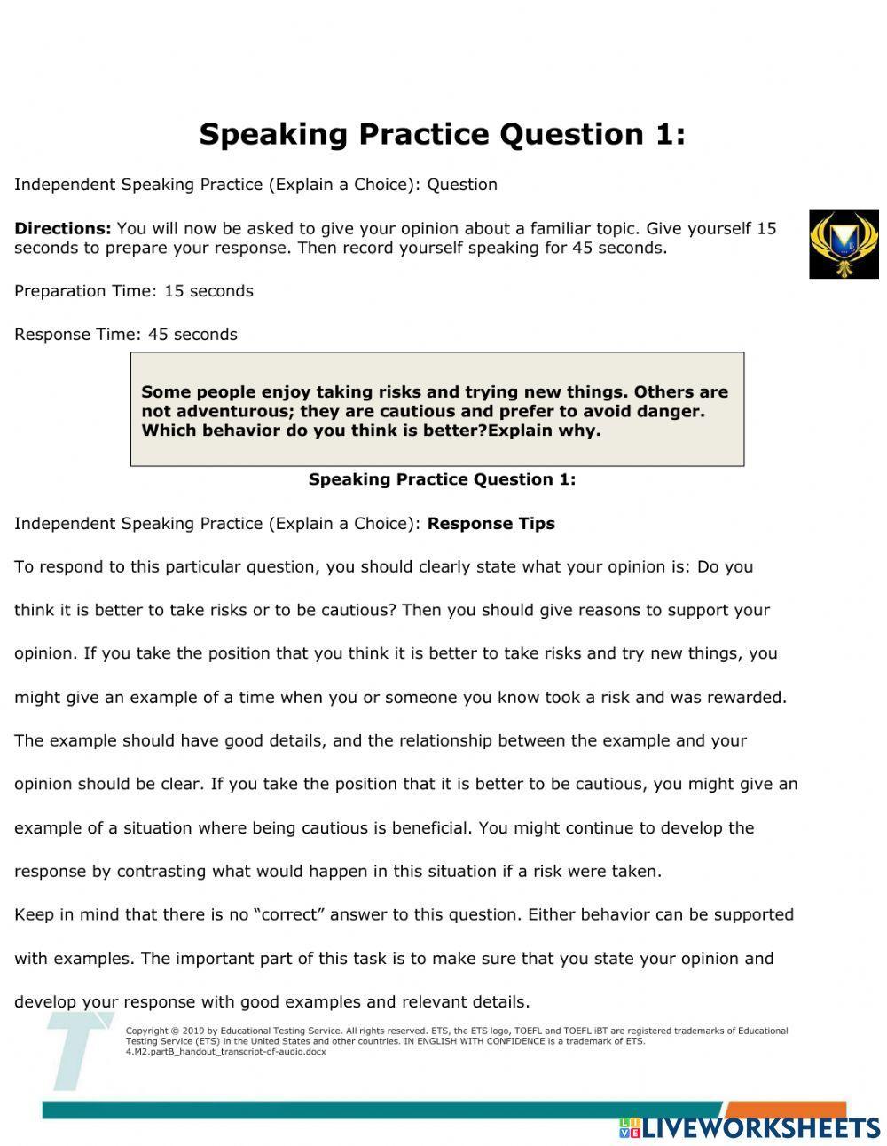 TOEFL iBT® Speaking Practice Questions worksheet | Live Worksheets