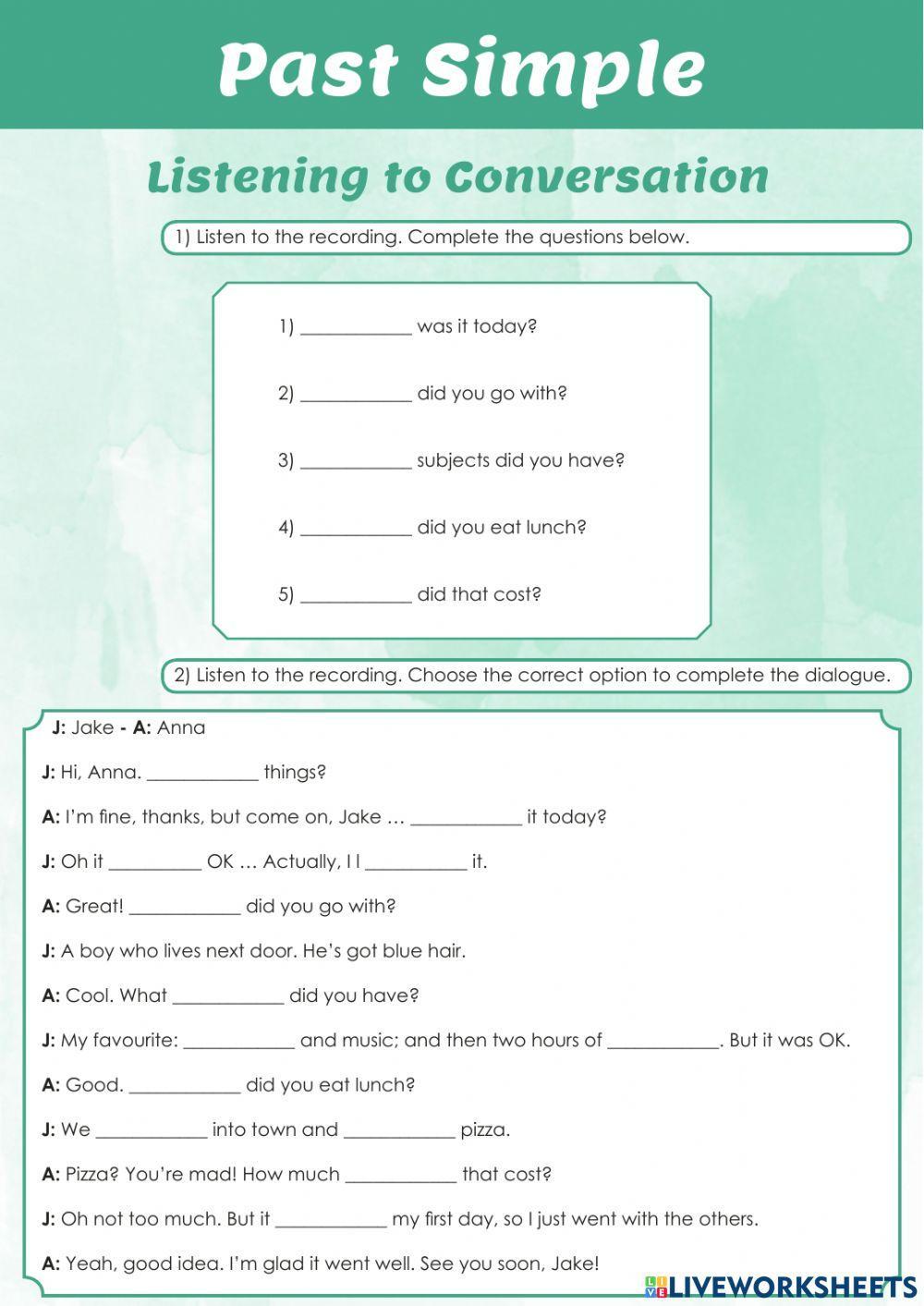 Past Simple - Listening to Conversations worksheet | Live Worksheets