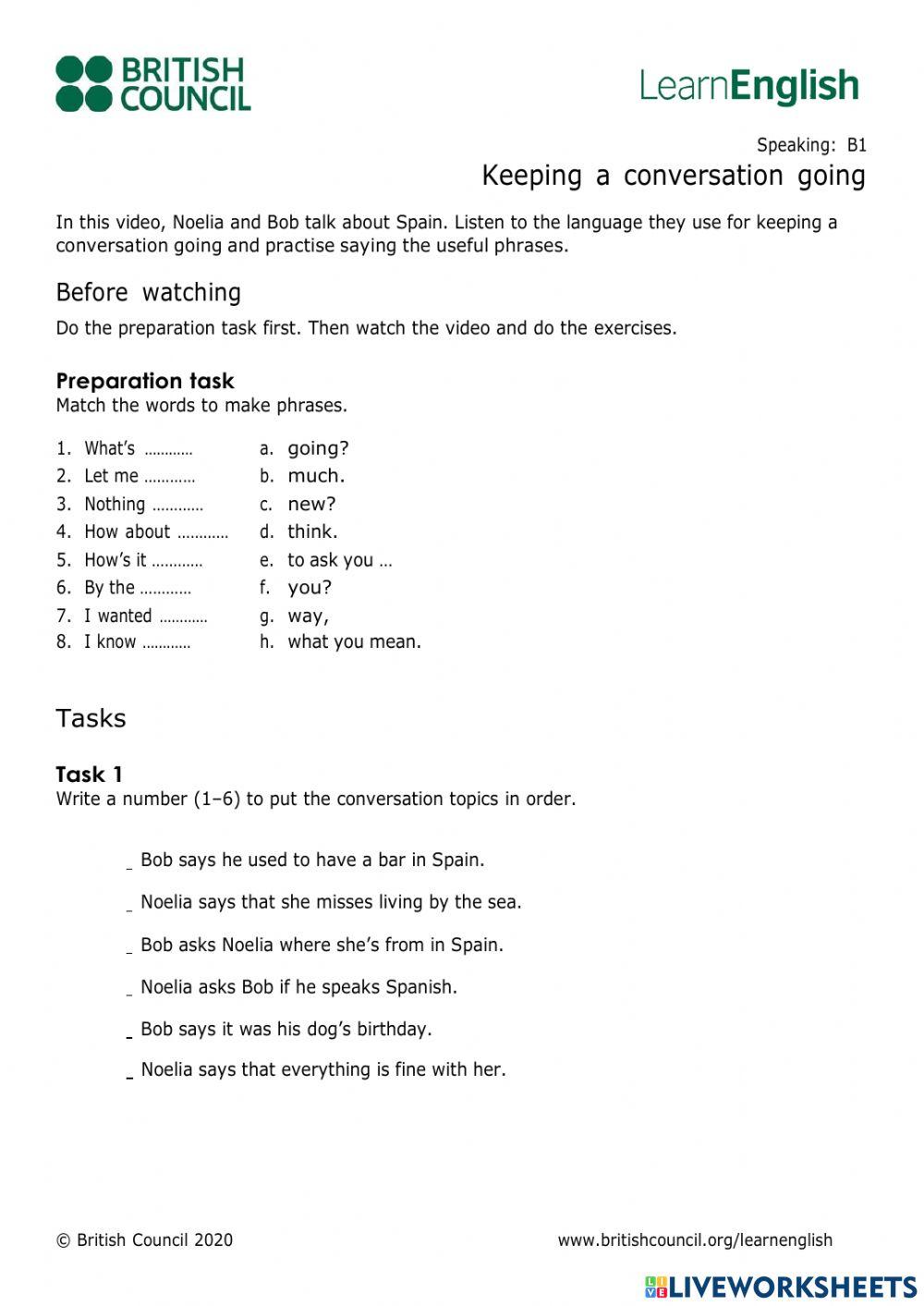 British Council - keeping a conversation going - B1 LEVEL worksheet | Live  Worksheets