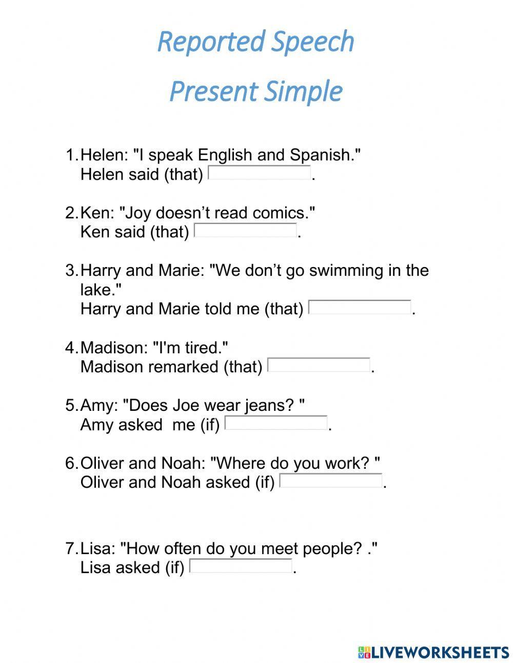 reported speech present simple exercises