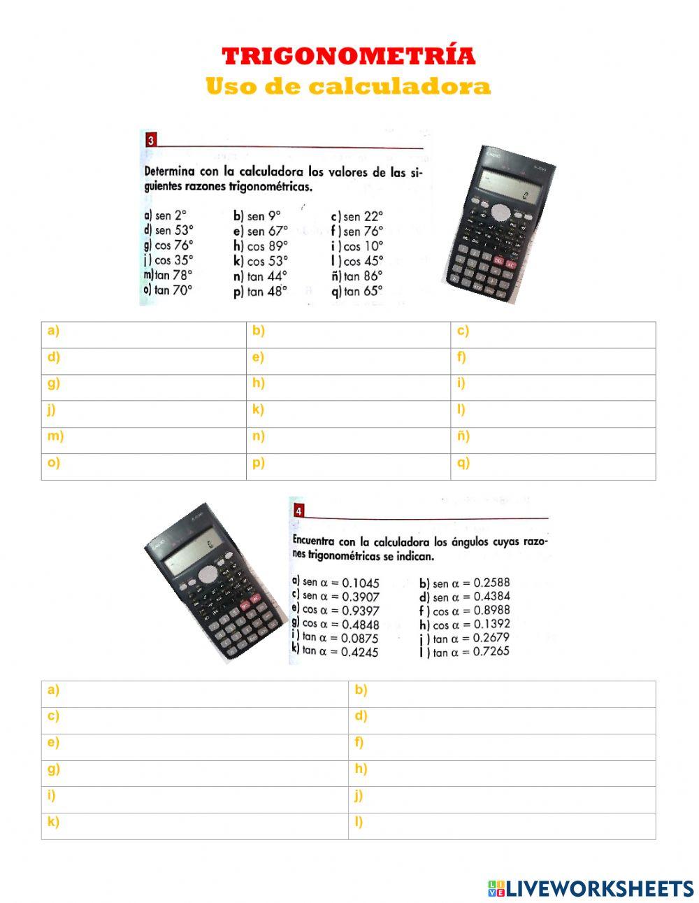 Uso de calculadora para razones trigonométricas worksheet | Live Worksheets