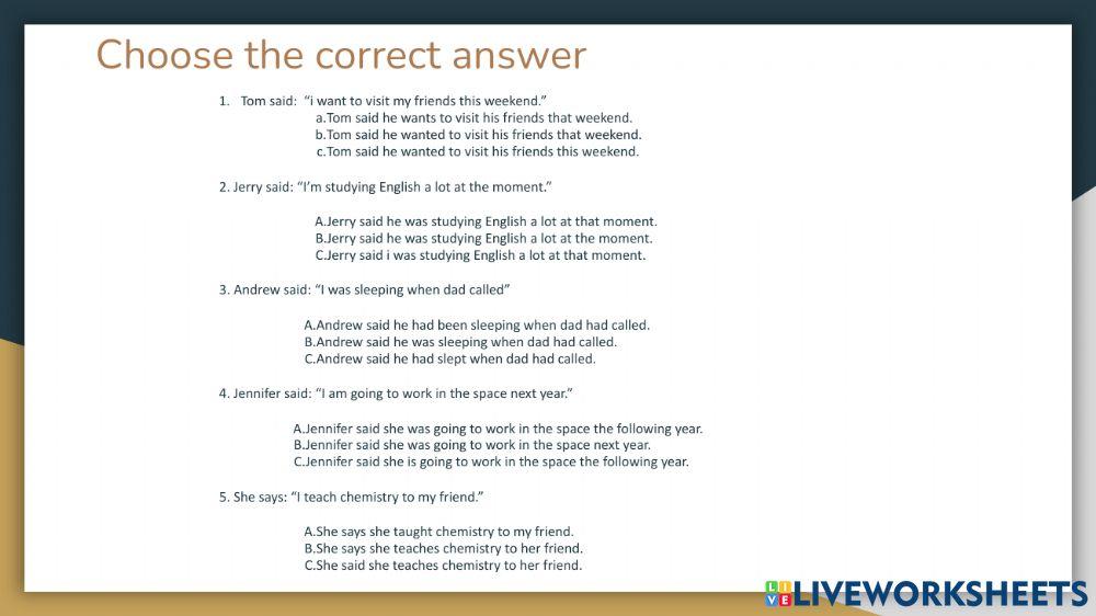 Reported speech online exercise for pre-intermediate | Live Worksheets