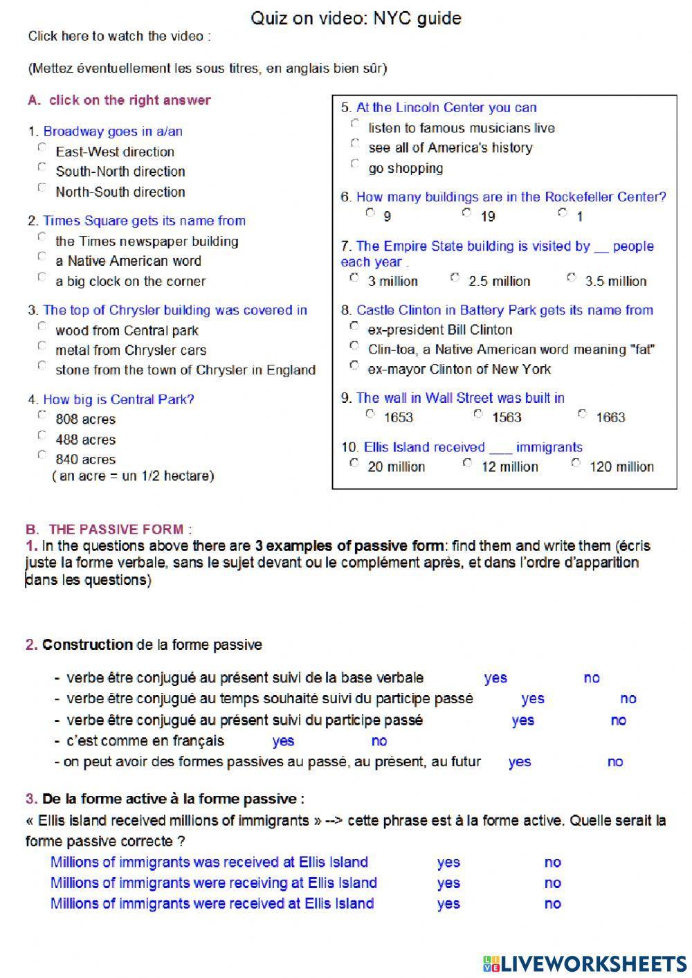 listening quiz NYC and passive voice worksheet