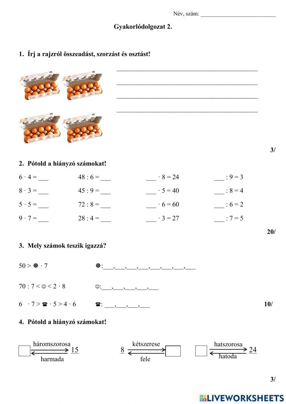 Gyakorlódolgozat 2. (2.osztály, matek) worksheet | Live Worksheets