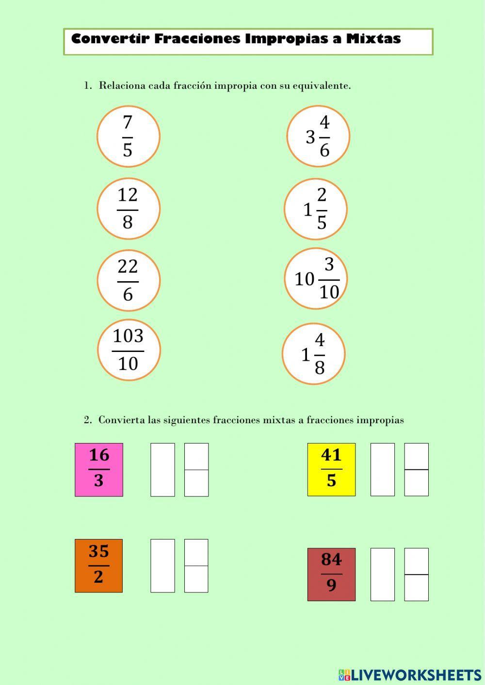 Fracciones impropias exercise for 5 de primaria | Live Worksheets