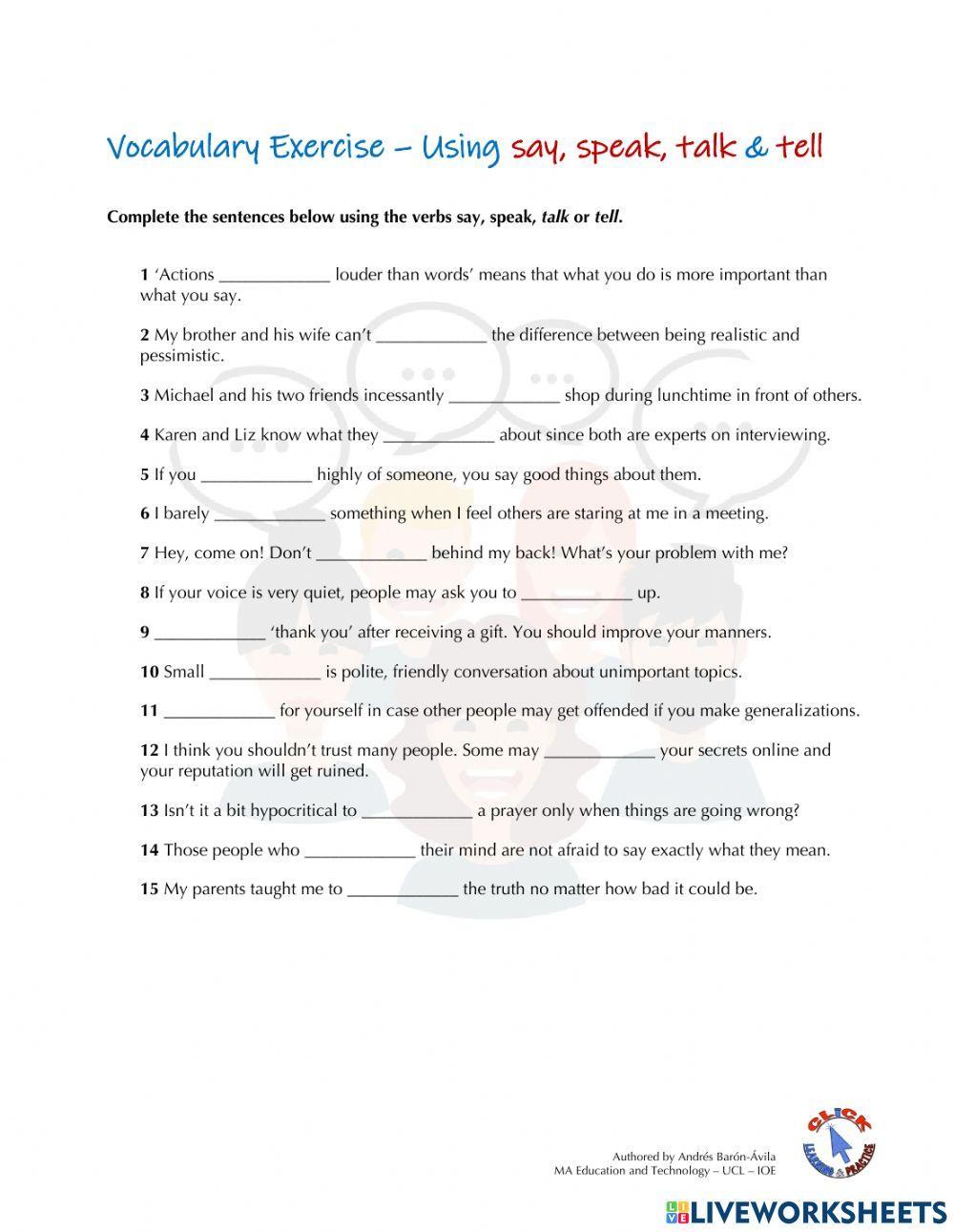 Grammar Ex. - Verbs say-speak-talk-tell worksheet | Live Worksheets