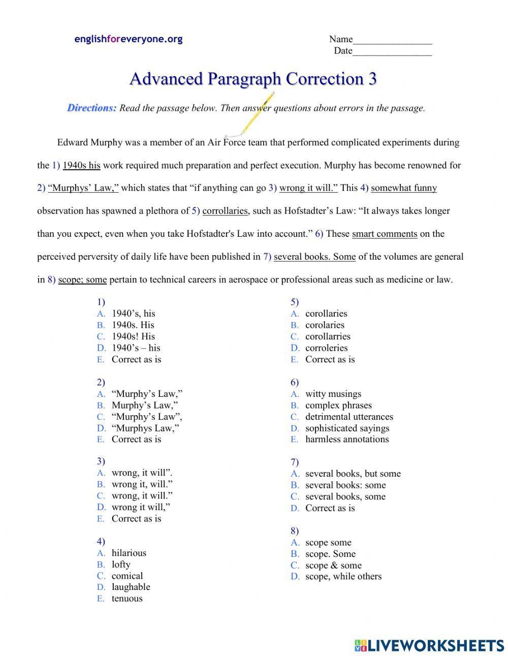 Advanced Paragraph Correction 3 worksheet | Live Worksheets