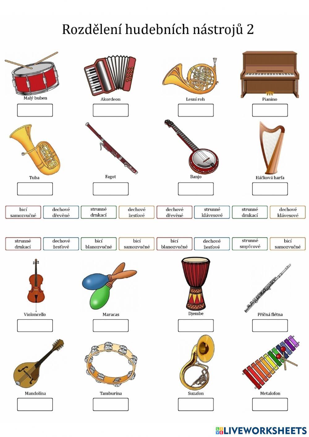 Rozdělení hudebních nástrojů 2 interactive worksheet | Live Worksheets