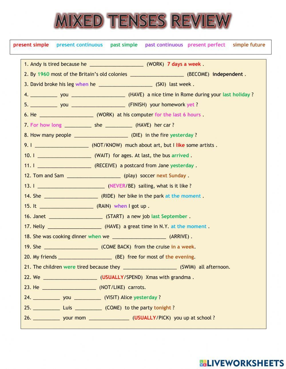 Mixed tenses review 1 worksheet | Live Worksheets