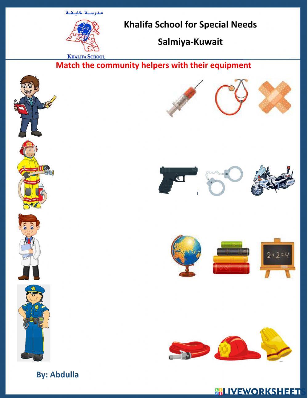 Match the community helpers with their equipments worksheet | Live  Worksheets