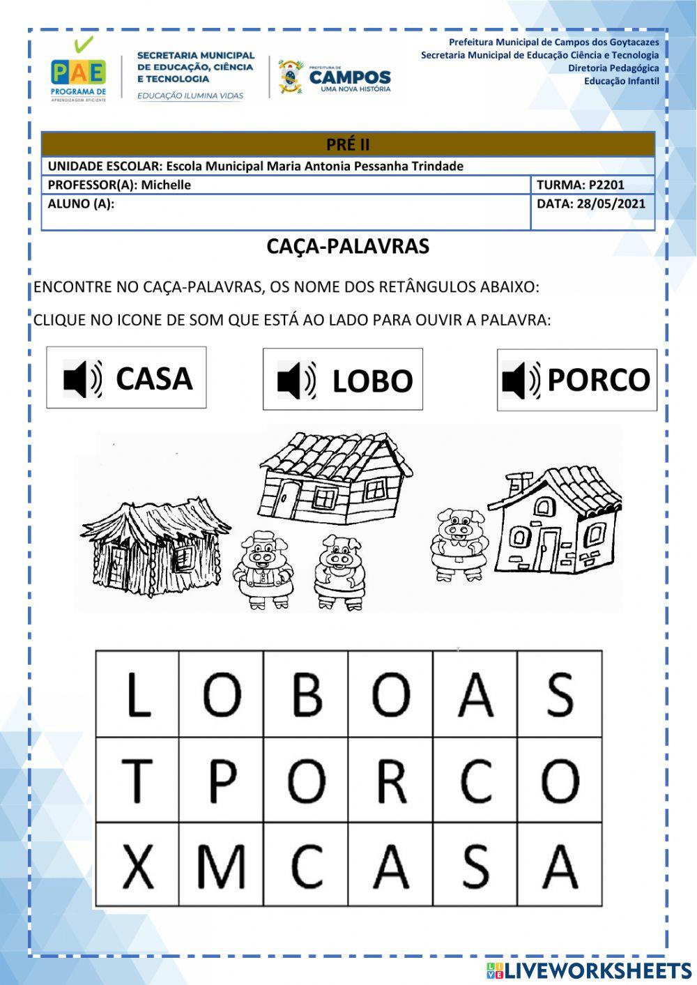 Caça-Palavras online activity for Educação Infantil