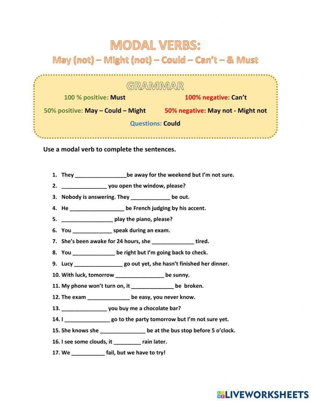 Modal Verbs (Must, can't, may, might, could) worksheet