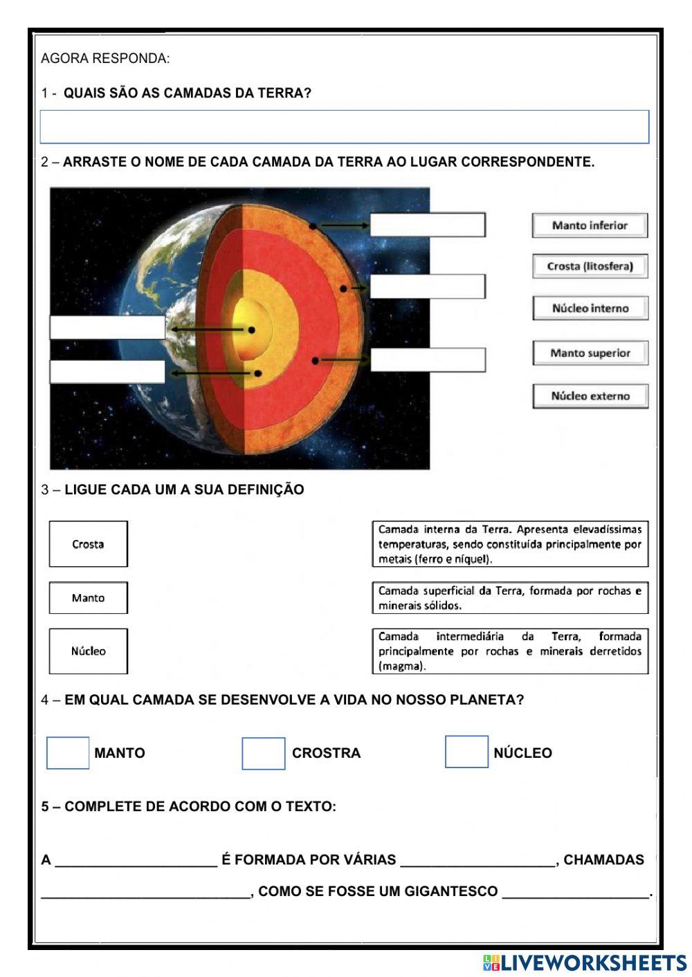 As Camadas da Terra worksheet | Live Worksheets