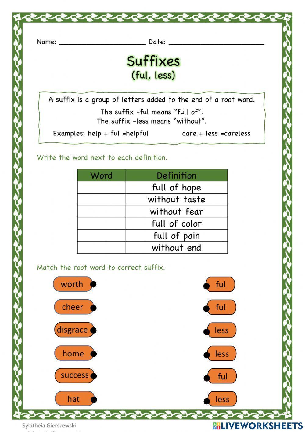 Suffixes (ful, less) worksheet | Live Worksheets