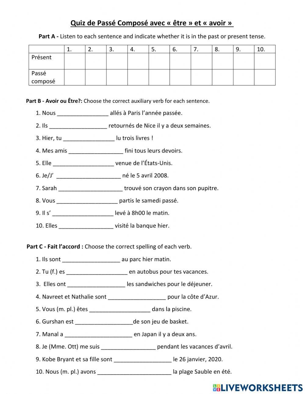 Passé composé test worksheet | Live Worksheets