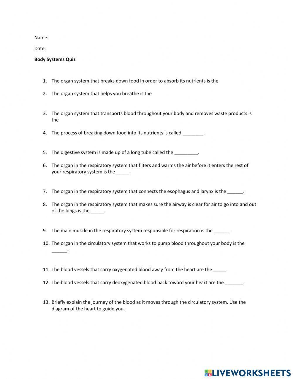 Body Systems Quiz activity | Live Worksheets
