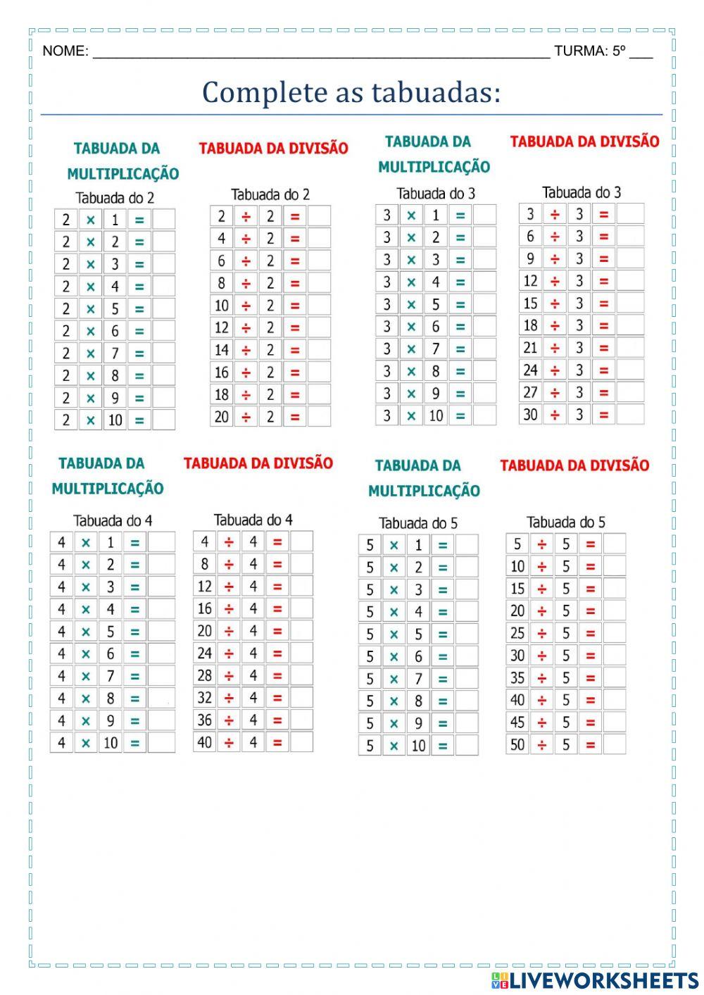 Tabuadas Multiplicação e Divisão worksheet