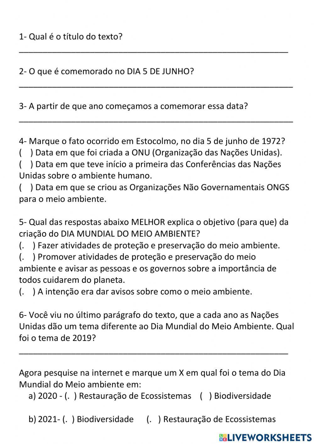 Meio ambiente worksheet for 4º ano | Live Worksheets