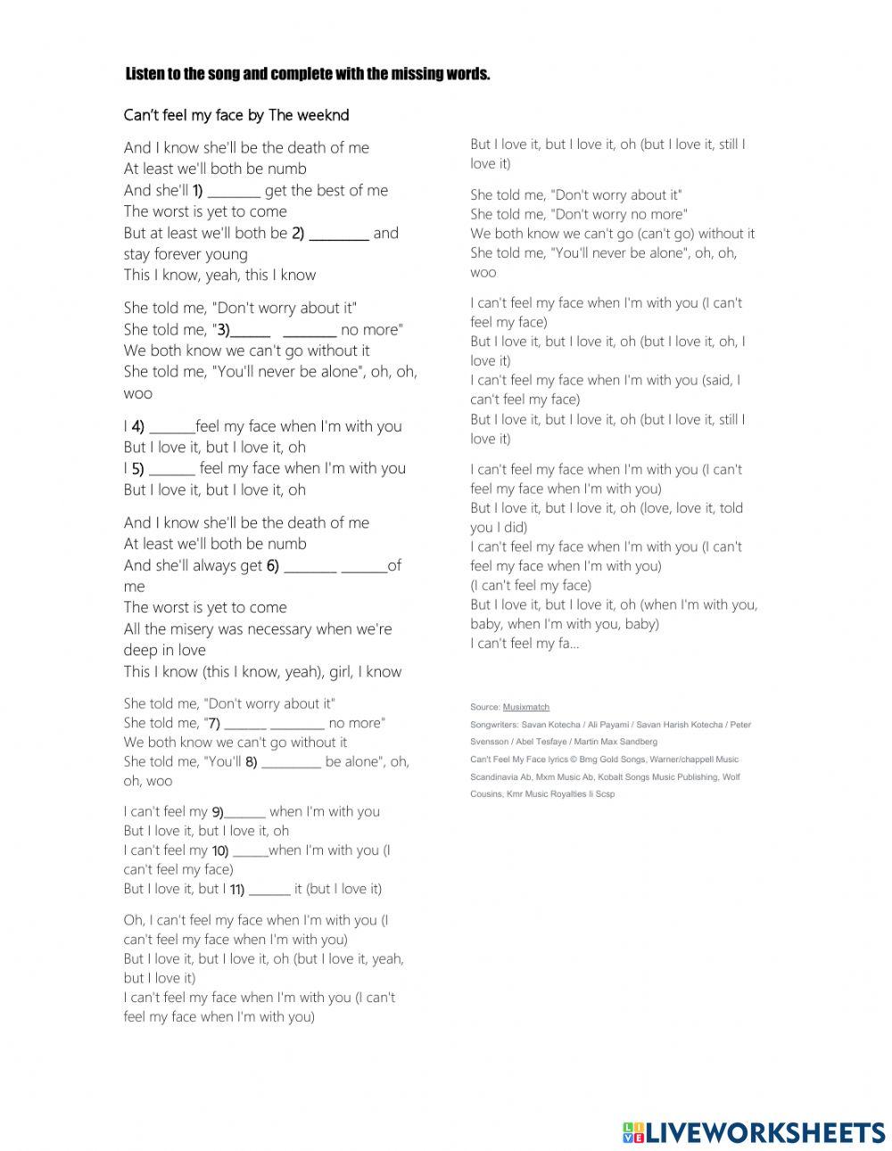 Can't feel my face (The Weeknd) worksheet | Live Worksheets