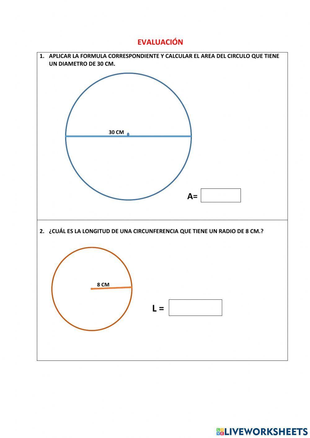 Calculo de area del circulo y longitud de la circunferencia worksheet |  Live Worksheets