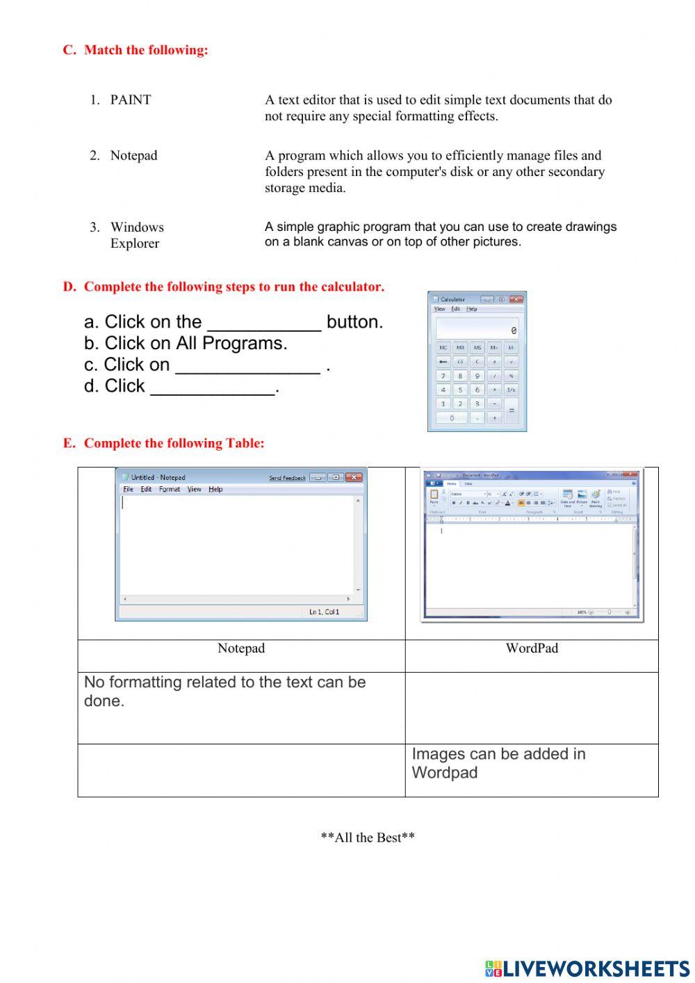 Windows 7 Accessories Worksheet worksheet | Live Worksheets