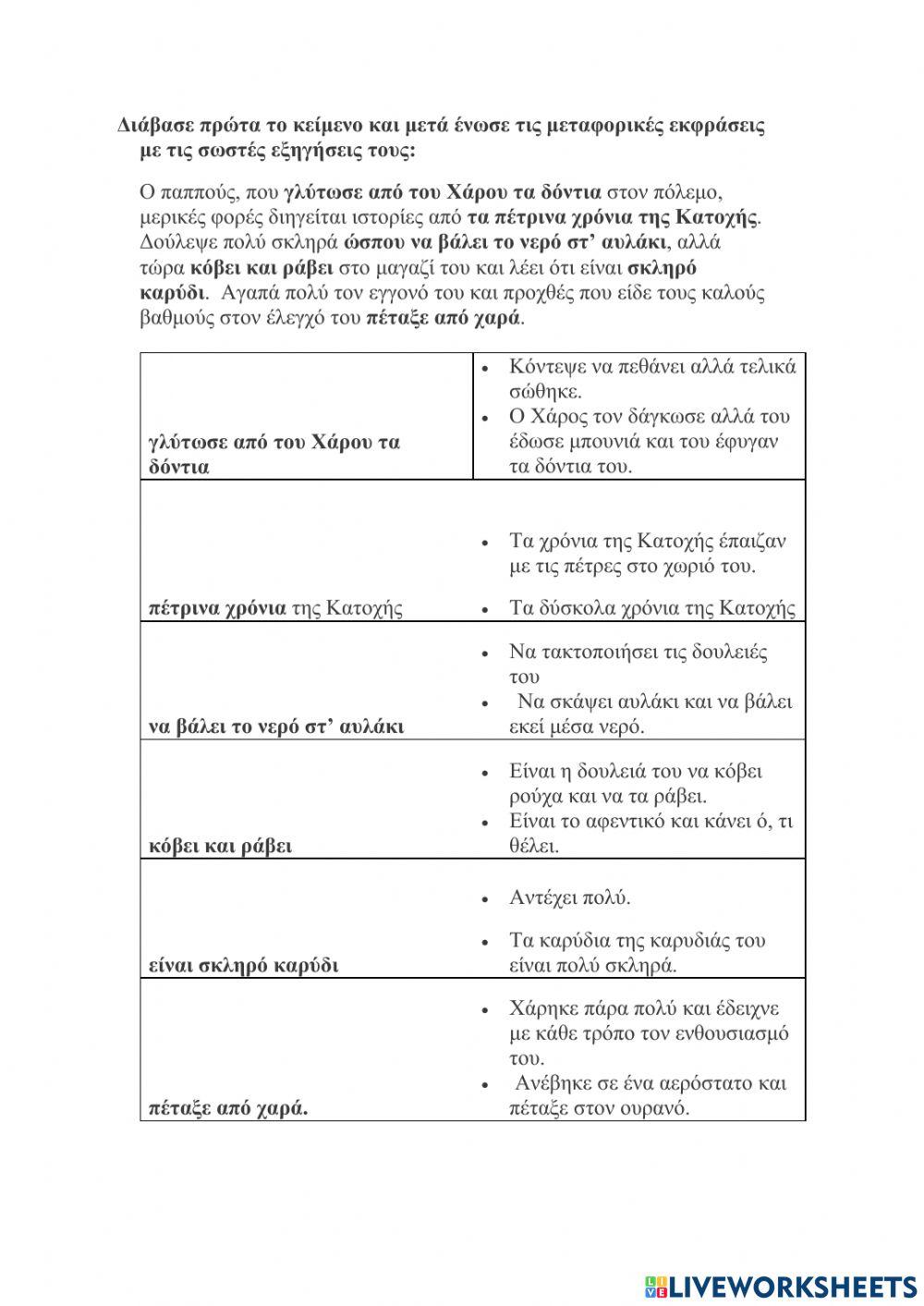 23. μεταφορικές εκφρασεις worksheet | Live Worksheets