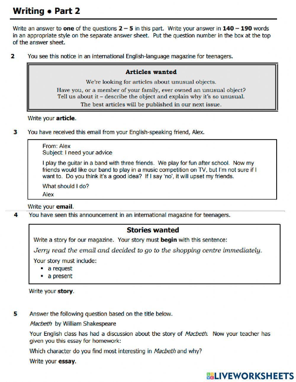 Writing FCE Part 1 and 2 worksheet | Live Worksheets