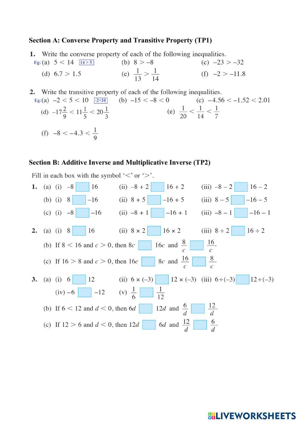 7.1.2 Make generalisation about inequality related to the converse and  transitive properties, additive inverse and multiplicative inverse  worksheet | Live Worksheets