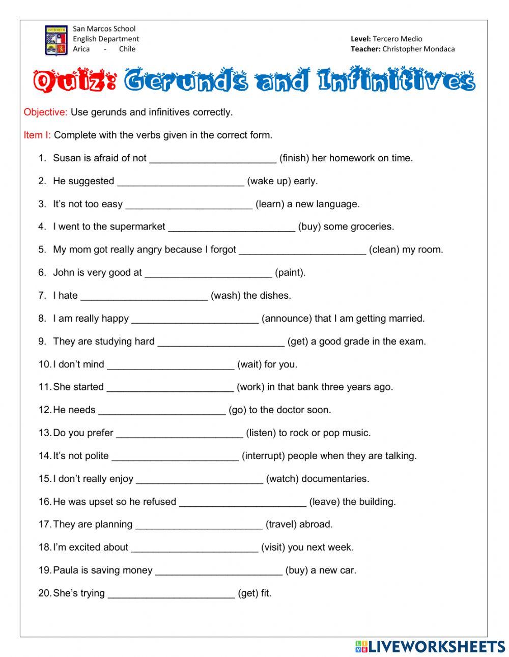 Quiz Gerund And Infinitives Worksheet | Live Worksheets