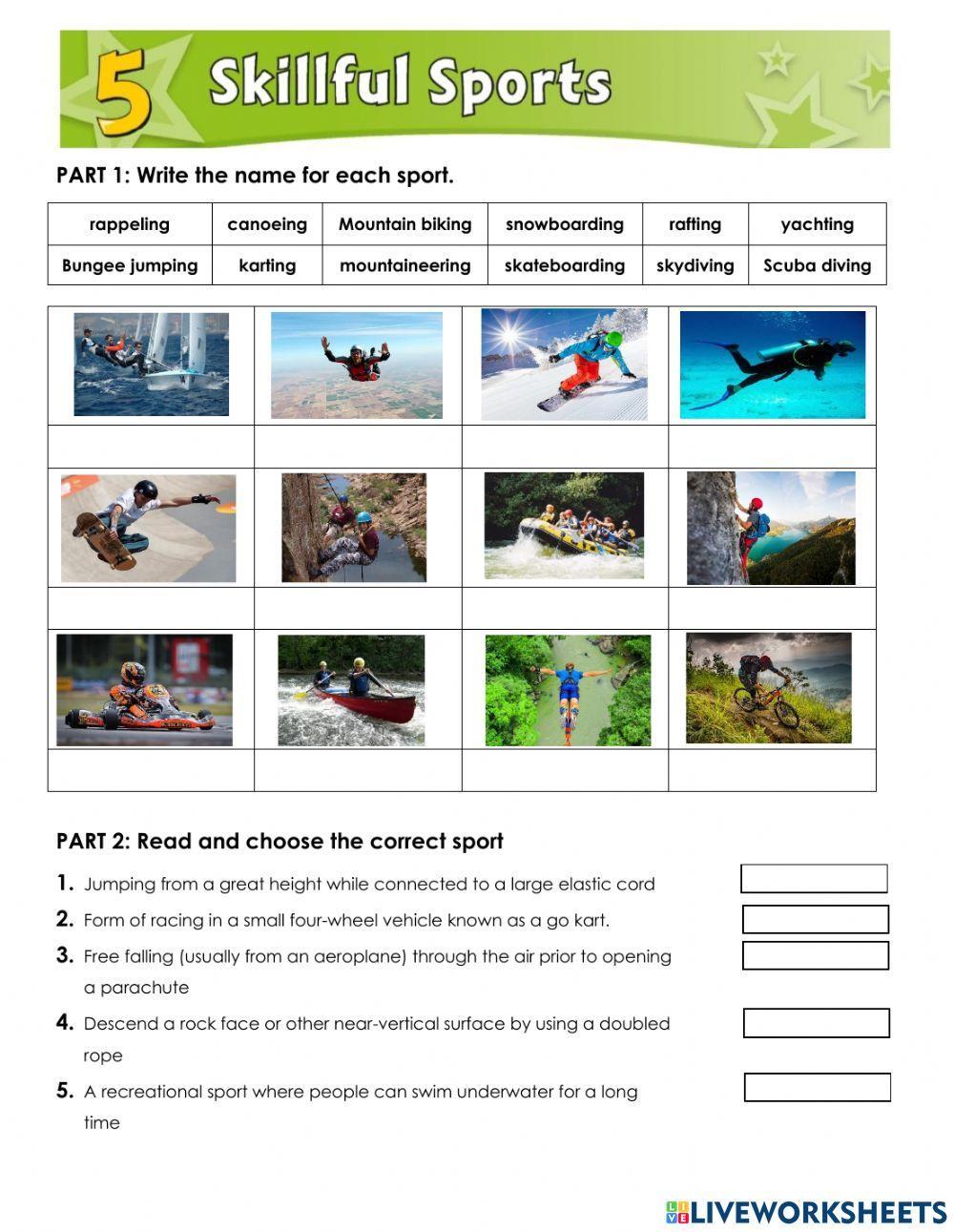 Extreme sports online pdf worksheet for Level 12 | Live Worksheets