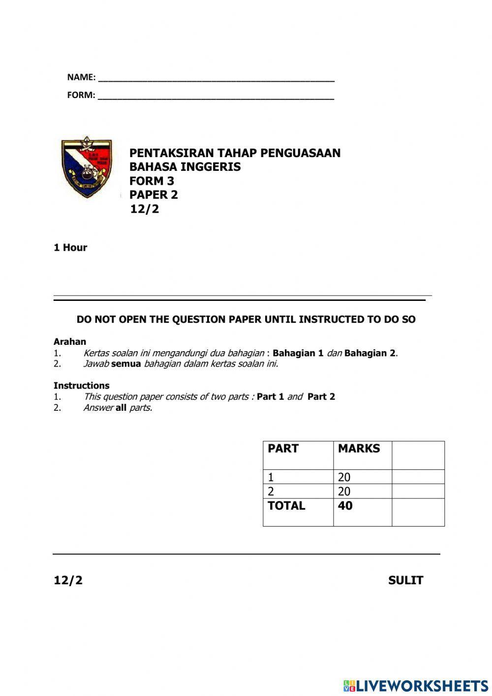English ptp form 3 (paper 2) worksheet | Live Worksheets