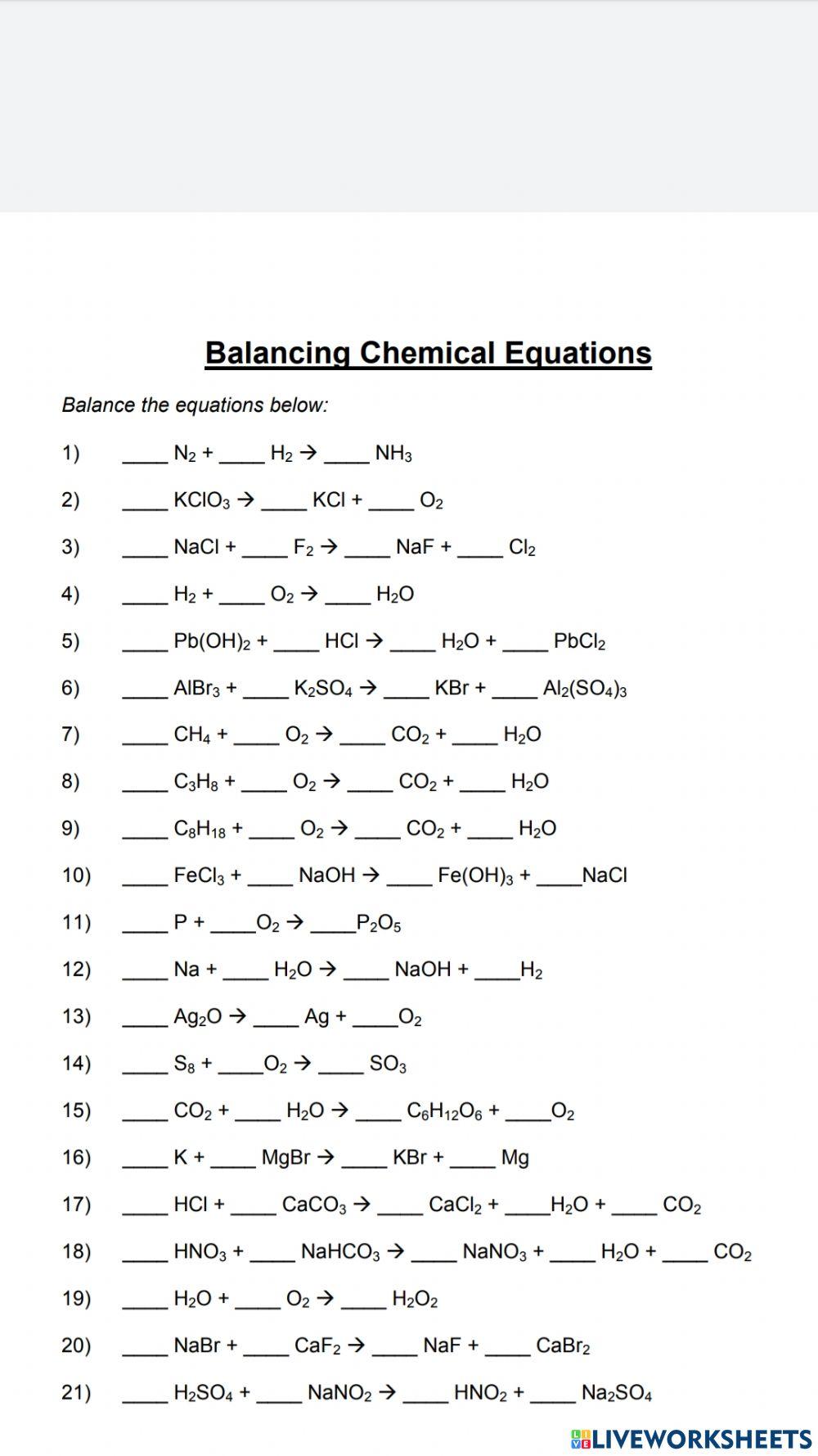 chap:1 Balancing chemical equations worksheet 1(class 10) online exercise  for | Live Worksheets