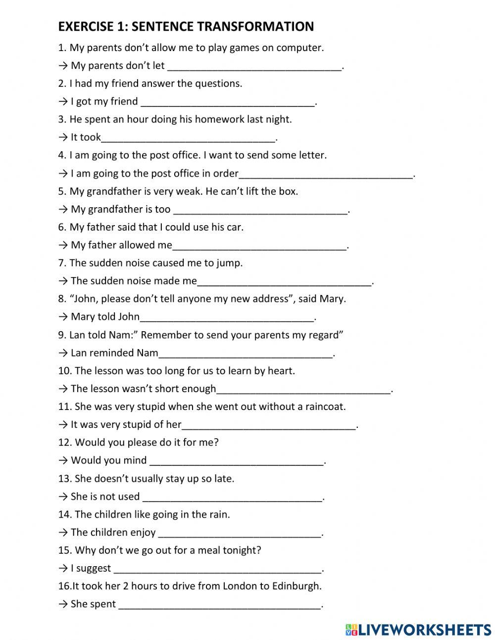 Sentence transformation-Verb form worksheet | Live Worksheets