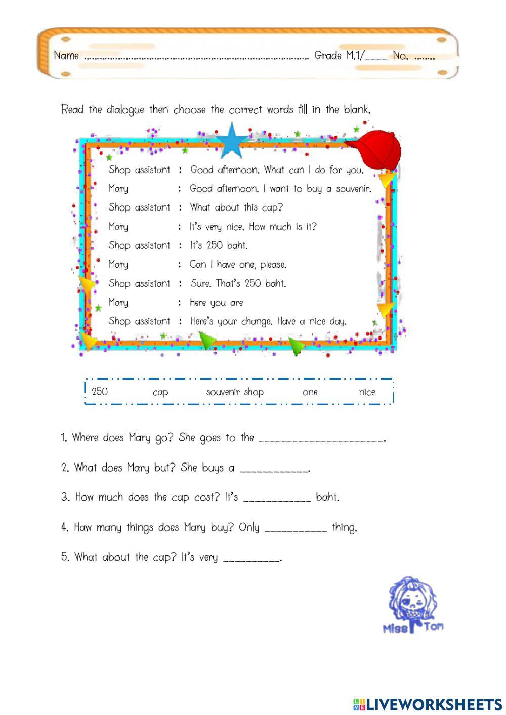 Read the dialogue then choose the correct words fill in the blank. worksheet  | Live Worksheets