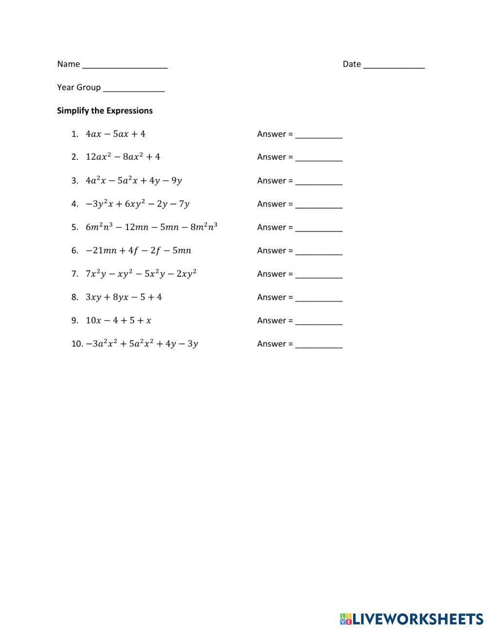 Expressions - Add and Subtract - Algebraic Expressions worksheet | Live  Worksheets